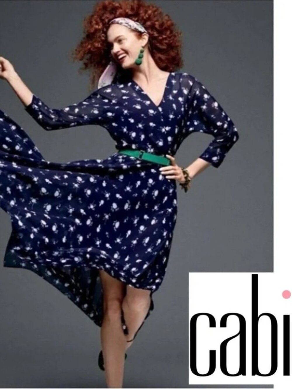 Cabi Dream Dress Midi Floral Semi Sheer Chiffon V Neck Asymmetric Hi Low Blue 8